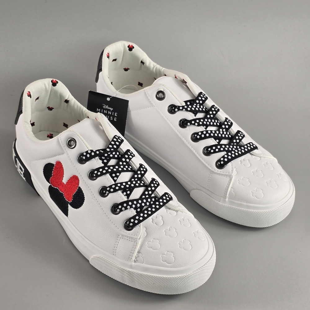 Disney White Minnie Mouse Embroidered Sneakers with Black & Red Accents